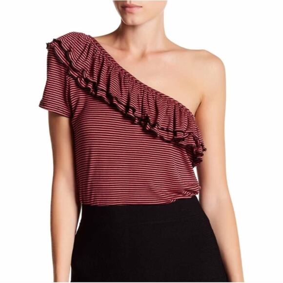Romeo & Juliet Couture Tops - Romeo & Juliet Couture One-Shoulder Ruffled Stripe Top in Burgundy and Black